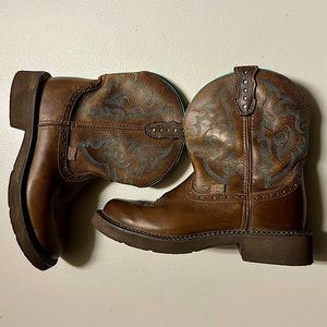 Justin Women's Gypsy Brown + Turquoise stitch Round Toe Western Boot Sz 8B med